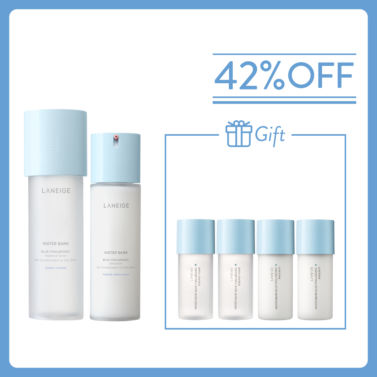 【Free 200ml】Water Bank Blue Hyaluronic Duo Set - For Combination to Oily Skin (Value: $870)
